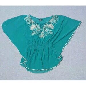 Rhapsody Sheer Batwing Flutter Sleeve Blouse Medium Teal Blue Embroidered Y2K